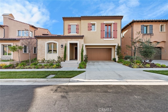 215 Sutters Ml, Irvine, CA 92602 - mediterranean / spanish-style home featuring an attached garage, driveway, a tile roof, and stucco siding