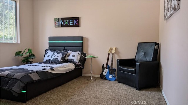 bedroom with carpet flooring and baseboards
