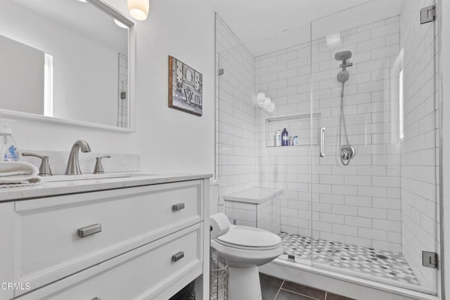 1104 E Big Bear Blvd, Big Bear, CA 92314 - full bath featuring vanity, tile patterned flooring, a stall shower, and toilet