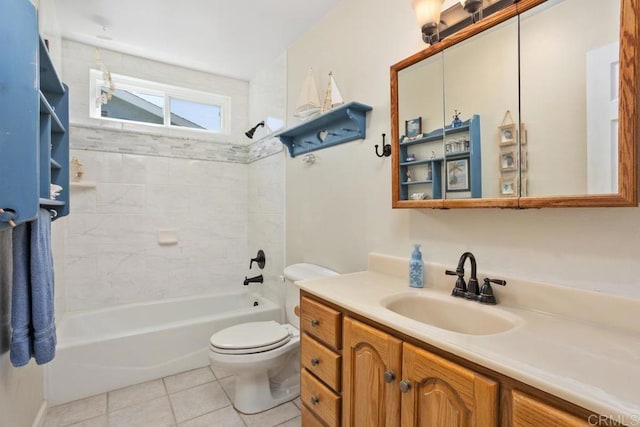 full bath with vanity, tile patterned flooring, toilet, and bathing tub / shower combination