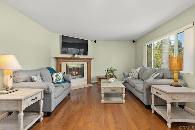 living area with a fireplace and wood finished floors