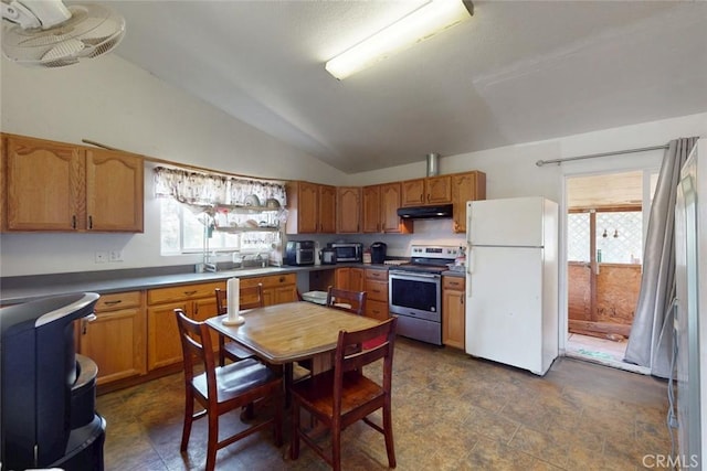 kitchen with under cabinet range hood, appliances with stainless steel finishes, lofted ceiling, and a healthy amount of sunlight