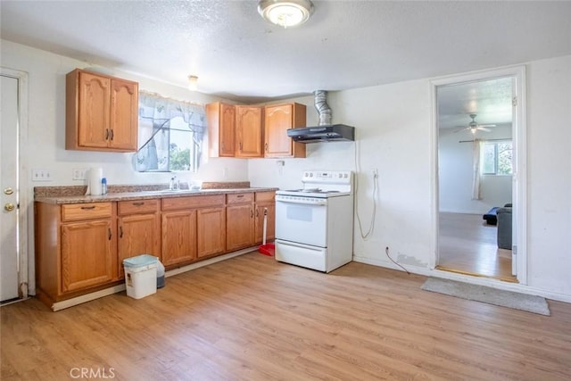kitchen with light wood-style floors, a sink, white electric stove, and under cabinet range hood