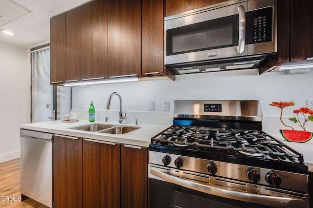 kitchen with dark brown cabinets, light wood-type flooring, light countertops, a sink, and appliances with stainless steel finishes
