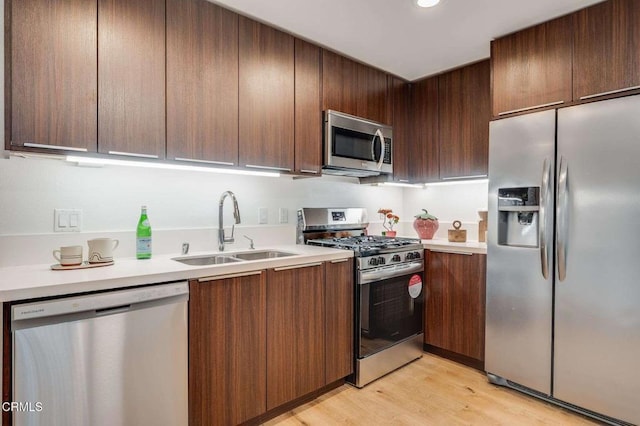 kitchen featuring a sink, light countertops, stainless steel appliances, light wood-type flooring, and modern cabinets