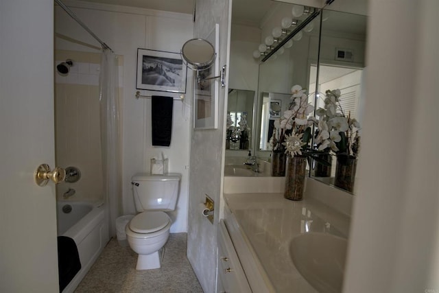 full bathroom with a sink, shower / tub combo with curtain, double vanity, toilet, and visible vents