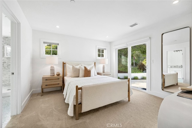 bedroom with light carpet, access to exterior, recessed lighting, and visible vents