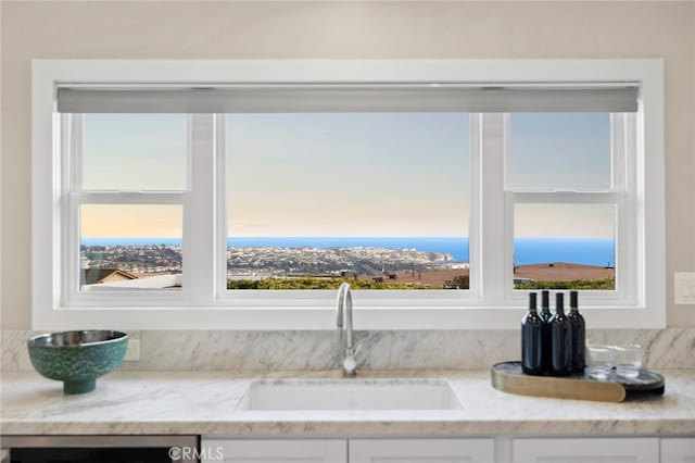 details featuring white cabinets, light stone countertops, a sink, and dishwashing machine