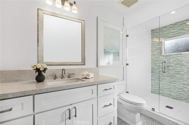 bathroom featuring visible vents, a stall shower, toilet, and vanity