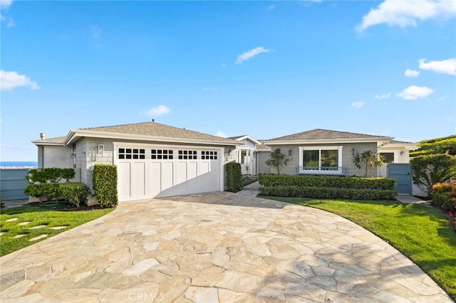 single story home featuring a garage, a front lawn, and driveway