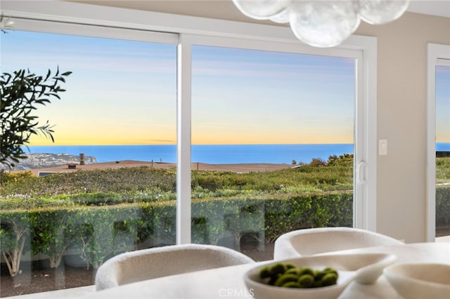interior space featuring a water view
