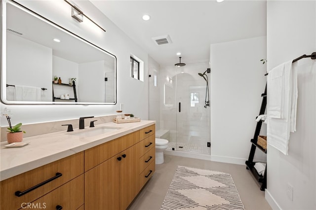 full bathroom featuring visible vents, finished concrete flooring, a shower stall, vanity, and toilet