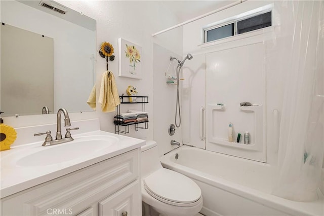 full bathroom featuring visible vents,  shower combination, toilet, and vanity