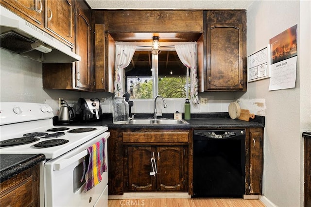 kitchen with dark countertops, electric stove, under cabinet range hood, a sink, and dishwasher