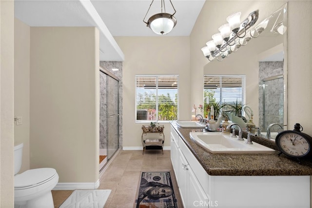 bathroom with double vanity, toilet, baseboards, a shower stall, and a sink