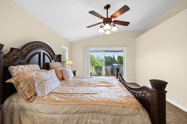 bedroom with a ceiling fan, vaulted ceiling, baseboards, access to outside, and carpet flooring
