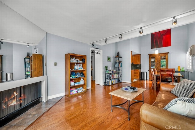 living area with rail lighting, a lit fireplace, wood finished floors, and lofted ceiling