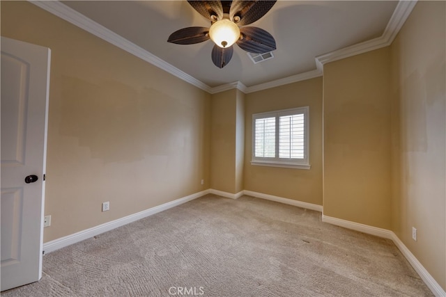 unfurnished room featuring carpet floors, a ceiling fan, baseboards, visible vents, and ornamental molding