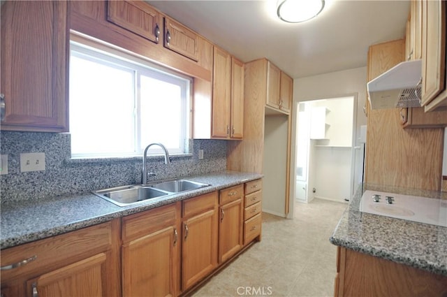 kitchen featuring decorative backsplash, baseboards, light floors, under cabinet range hood, and a sink