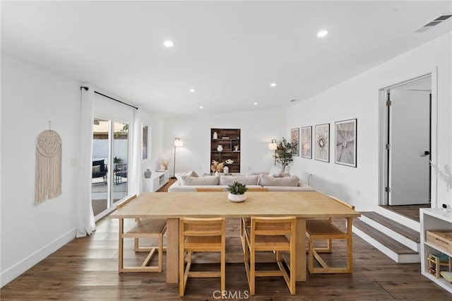 dining space featuring recessed lighting, dark wood finished floors, baseboards, and visible vents