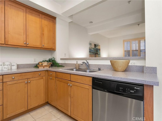 kitchen with beamed ceiling, dishwasher, light countertops, a sink, and light tile patterned floors