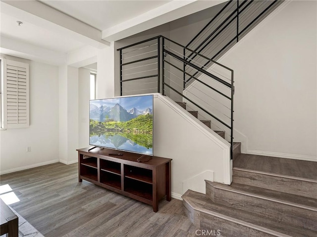 stairway with baseboards and wood finished floors