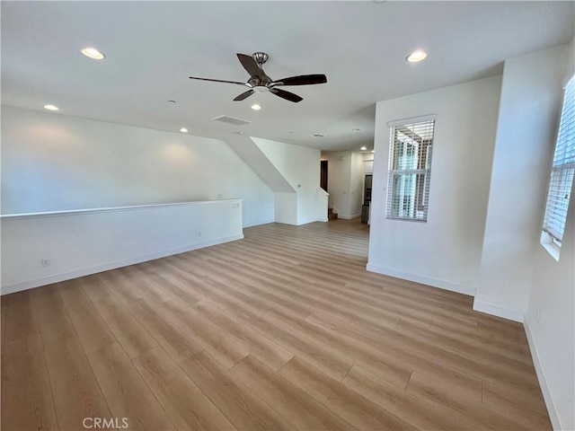 bonus room with visible vents, recessed lighting, light wood-style floors, and baseboards