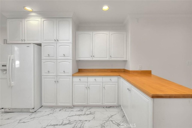 3442 Delta Ave, Rosemead, CA 91770 - kitchen featuring white refrigerator with ice dispenser, light marble finish floors, white cabinets, recessed lighting, and light countertops