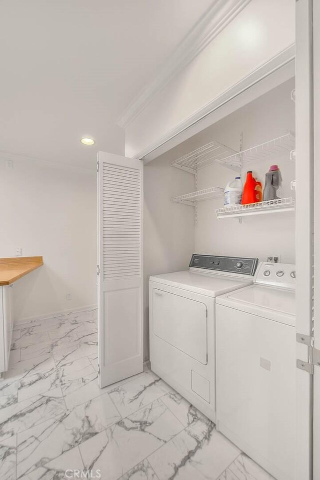 3442 Delta Ave, Rosemead, CA 91770 - laundry area with washing machine and clothes dryer, light marble finish floors, recessed lighting, and ornamental molding