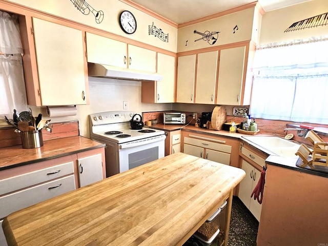 kitchen with visible vents, crown molding, white range with electric cooktop, a sink, and under cabinet range hood