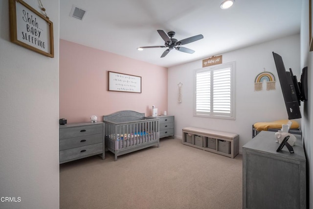 bedroom featuring visible vents, recessed lighting, carpet floors, and a ceiling fan