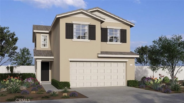 traditional-style home with fence, concrete driveway, stucco siding, and an attached garage