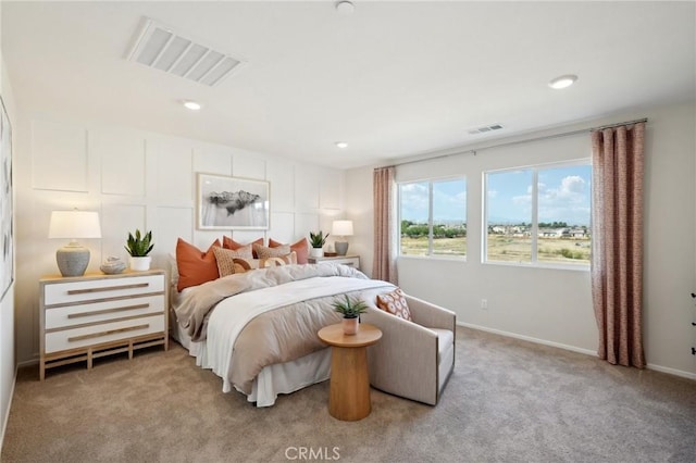 bedroom featuring carpet flooring, recessed lighting, and visible vents