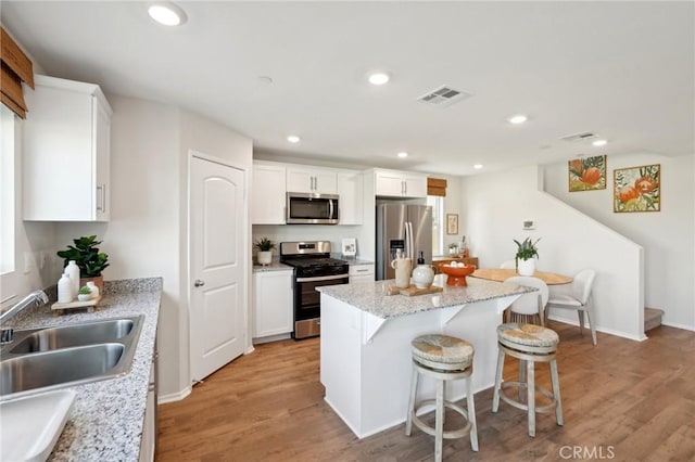 kitchen featuring white cabinets, appliances with stainless steel finishes, a sink, a kitchen island, and visible vents