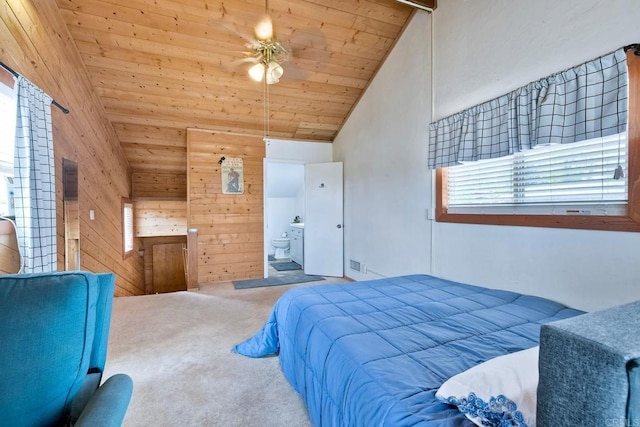 carpeted bedroom with lofted ceiling, wooden walls, and wooden ceiling
