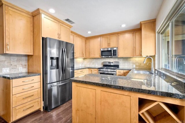 kitchen featuring visible vents, light brown cabinetry, a sink, dark wood-style floors, and stainless steel appliances