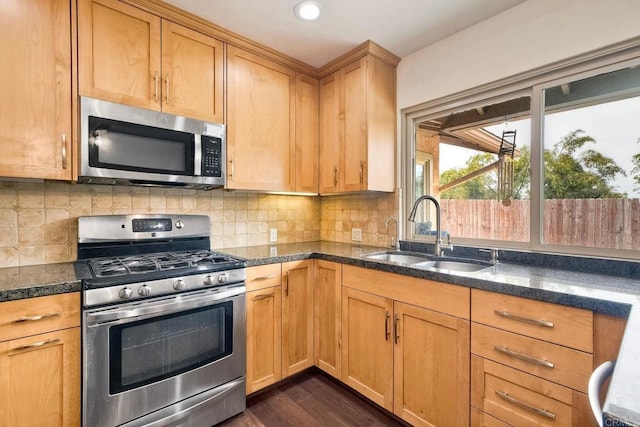 kitchen with stainless steel appliances, tasteful backsplash, a sink, and dark stone countertops