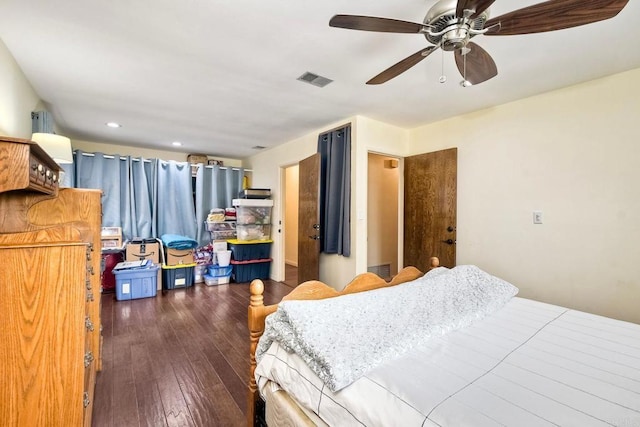 bedroom featuring wood-type flooring, a ceiling fan, visible vents, and recessed lighting