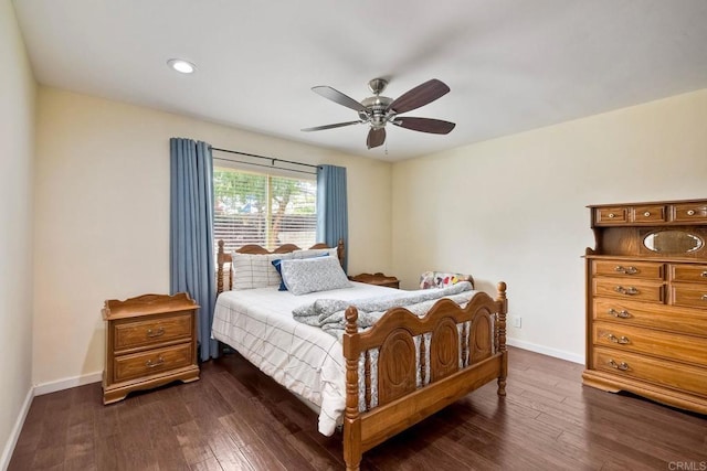 bedroom featuring baseboards, ceiling fan, recessed lighting, and dark wood-type flooring