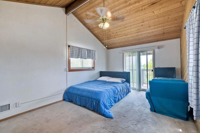 carpeted bedroom with a ceiling fan, visible vents, access to exterior, wooden ceiling, and beamed ceiling