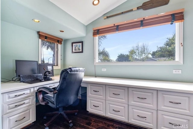 office with plenty of natural light, built in study area, lofted ceiling, recessed lighting, and dark wood-type flooring