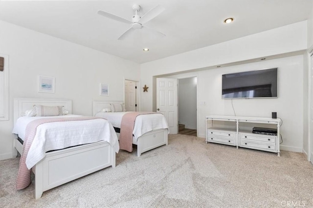 carpeted bedroom featuring recessed lighting and ceiling fan