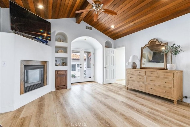 living room featuring wood ceiling, ceiling fan, visible vents, light wood-style floors, and vaulted ceiling with beams