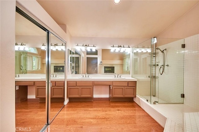 full bathroom featuring wood finished floors, a sink, and a stall shower
