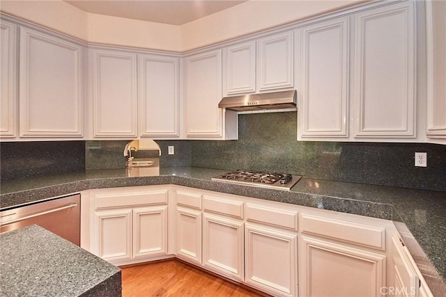 kitchen with under cabinet range hood, appliances with stainless steel finishes, and light wood finished floors