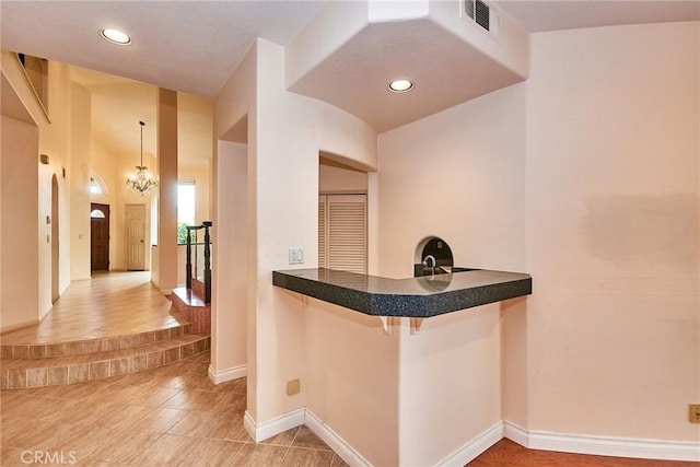 bar featuring recessed lighting, baseboards, light tile patterned floors, and visible vents