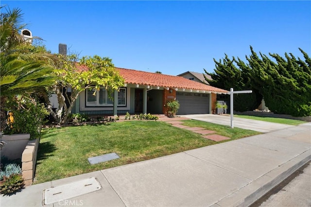 22122 Cape May Ln, Huntington Beach, CA 92646 - ranch-style house with concrete driveway, a tile roof, a front yard, and a garage