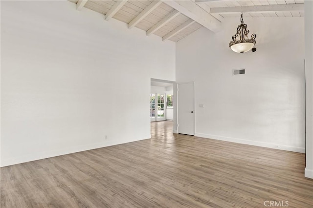 22122 Cape May Ln, Huntington Beach, CA 92646 - unfurnished room with wooden ceiling, beamed ceiling, high vaulted ceiling, and wood finished floors