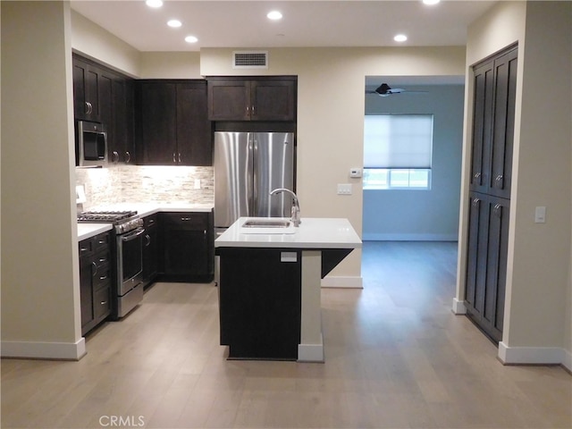 kitchen featuring decorative backsplash, a kitchen island with sink, visible vents, light wood finished floors, and stainless steel appliances