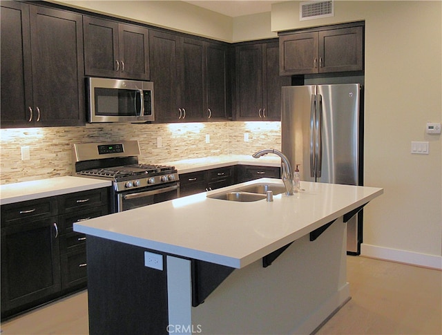 kitchen with decorative backsplash, visible vents, a sink, baseboards, and stainless steel appliances